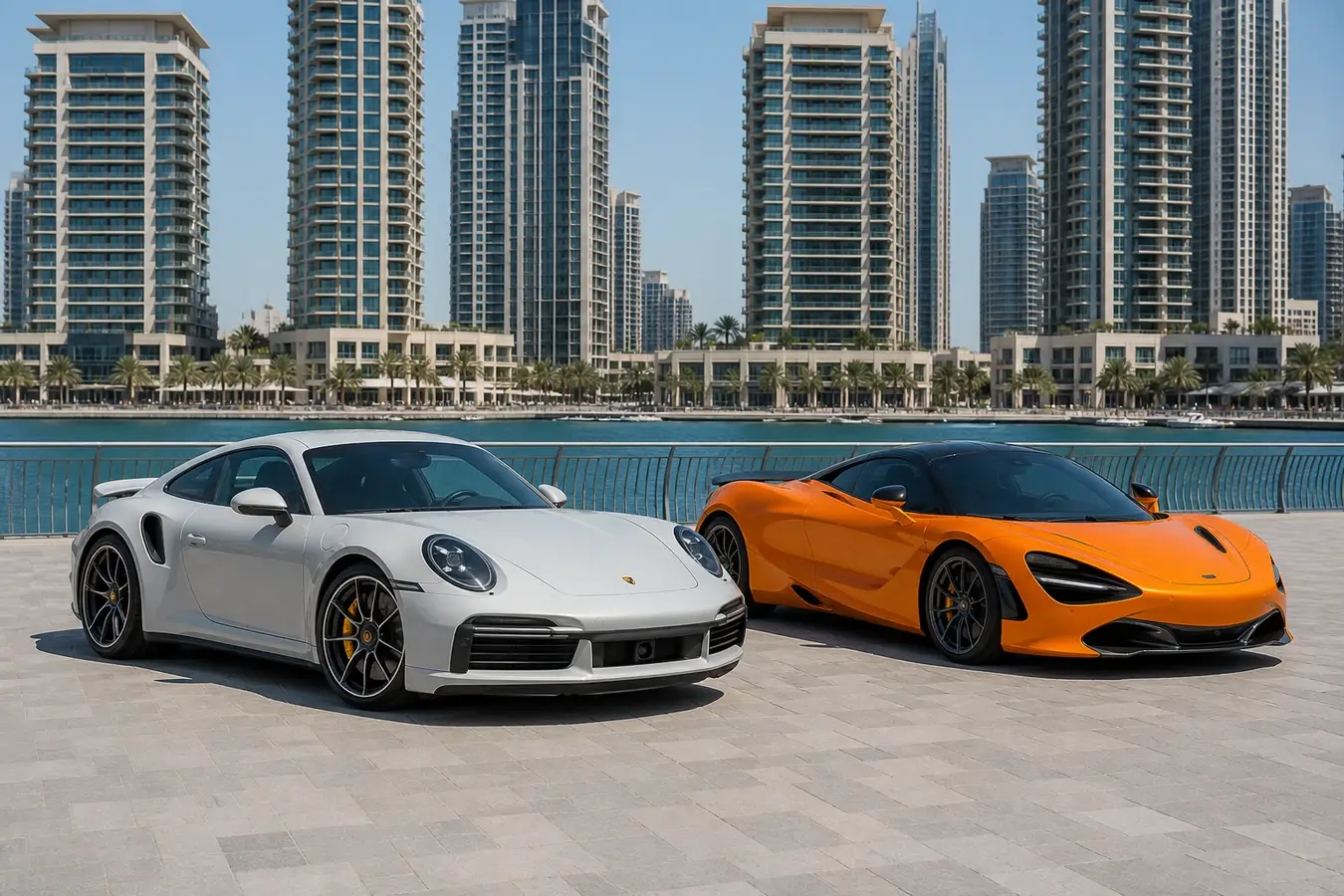 Porsche 911 vs McLaren 720S Dubai hero with a chalk 911 Turbo S and papaya 720S at Dubai Creek Harbour