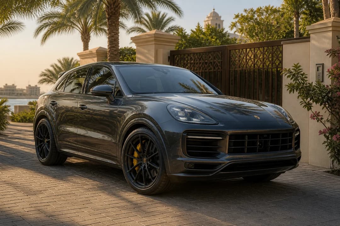 Porsche Cayenne Turbo GT at a Palm Jumeirah villa gate for exotic car rental Dubai family villa weeks