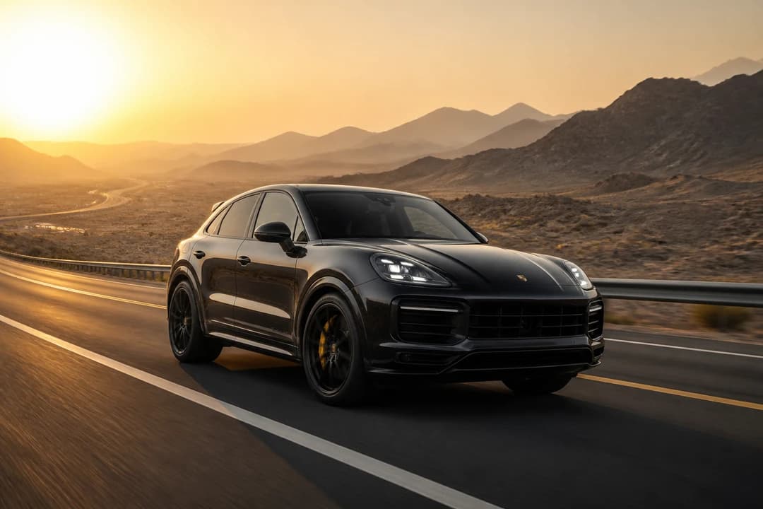 Porsche Cayenne Turbo GT on a UAE desert highway for rent Porsche Cayenne Dubai road-trip plans