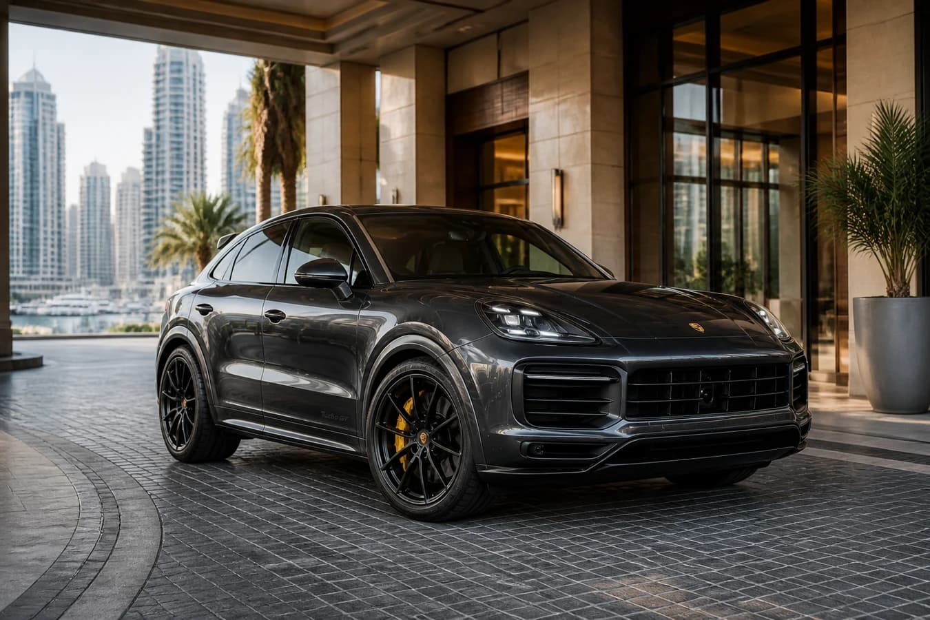 Porsche Cayenne rental Dubai guide hero with Cayenne Turbo GT at a Marina hotel porte-cochere in morning light