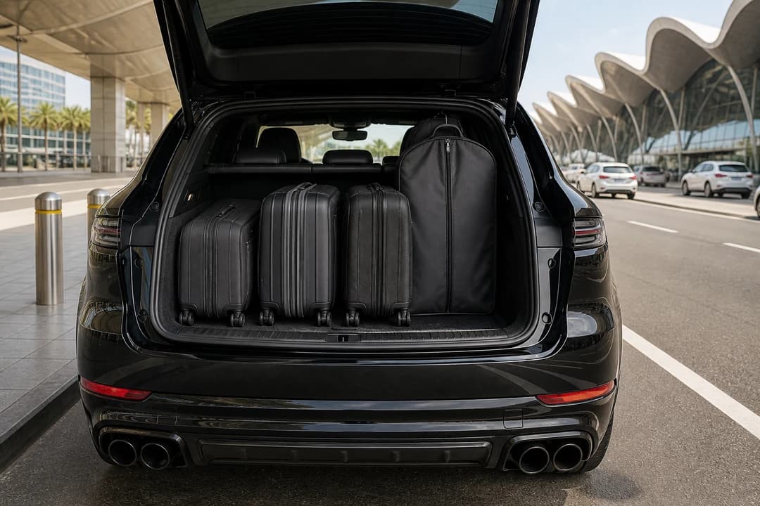 Porsche Cayenne Turbo GT open boot with soft roller cases at Dubai Airport for luxury car rental Dubai packing