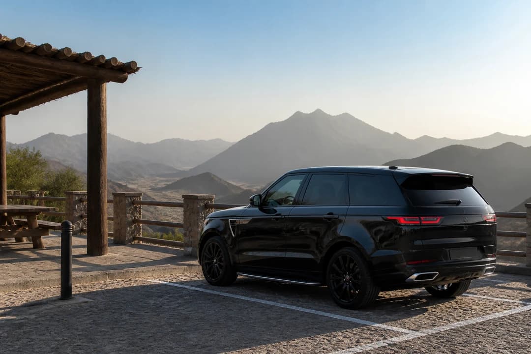 Luxury SUV at a desert resort forecourt for supercar rental Dubai guests who actually need road-trip height