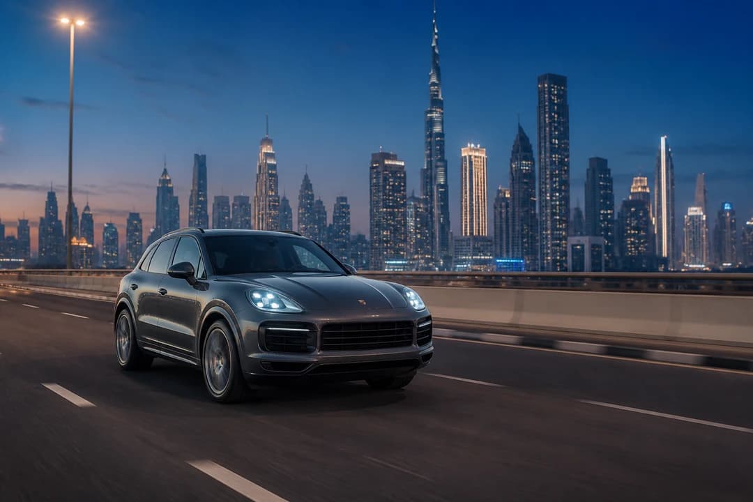 Porsche Cayenne Turbo GT on a UAE mountain highway for luxury car comparison Dubai road-trip pace