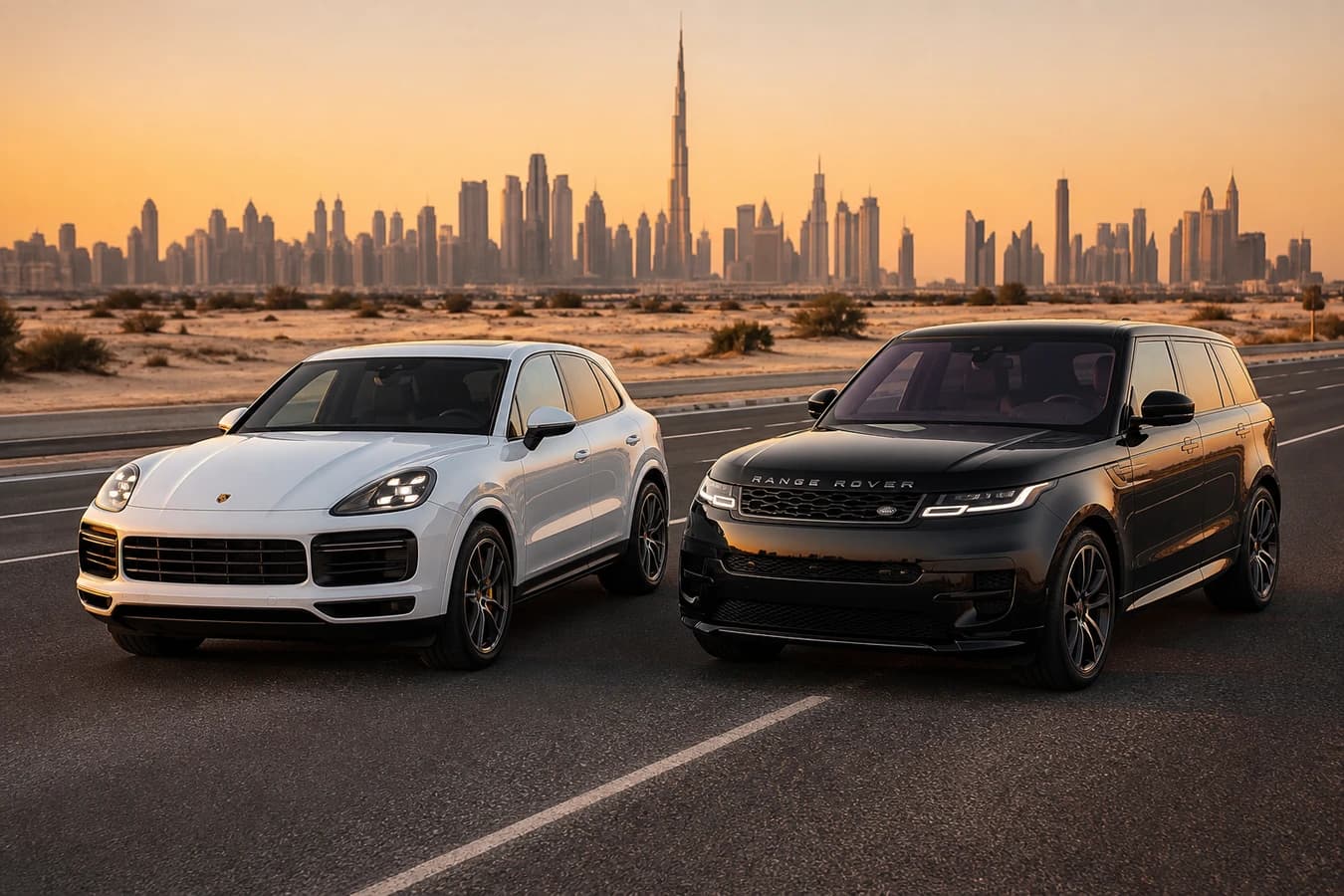 Porsche Cayenne vs Range Rover Sport Dubai: performance SUV and British Sport SUV at a UAE desert highway overlook
