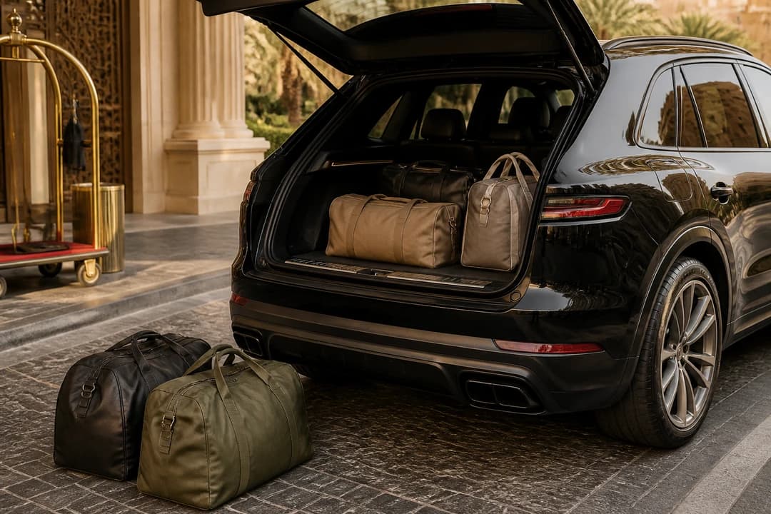 Soft luggage beside a luxury SUV boot for luxury car hire Dubai packing honesty before Hatta or Jebel Jais