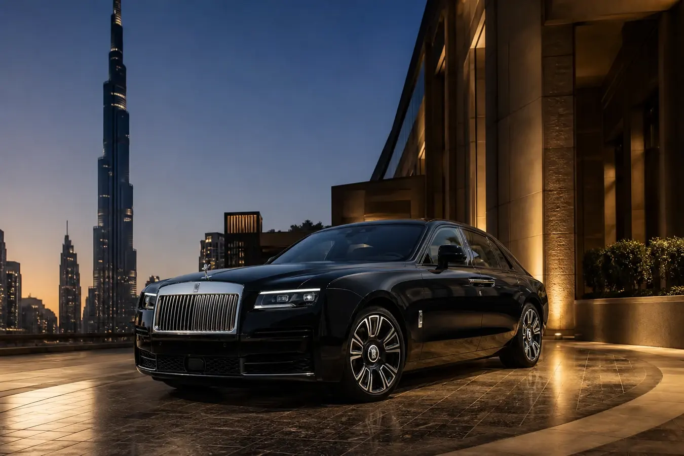 Proposal car rental Dubai hero with a Rolls-Royce Ghost Series II at Address Downtown and Burj Khalifa at dusk