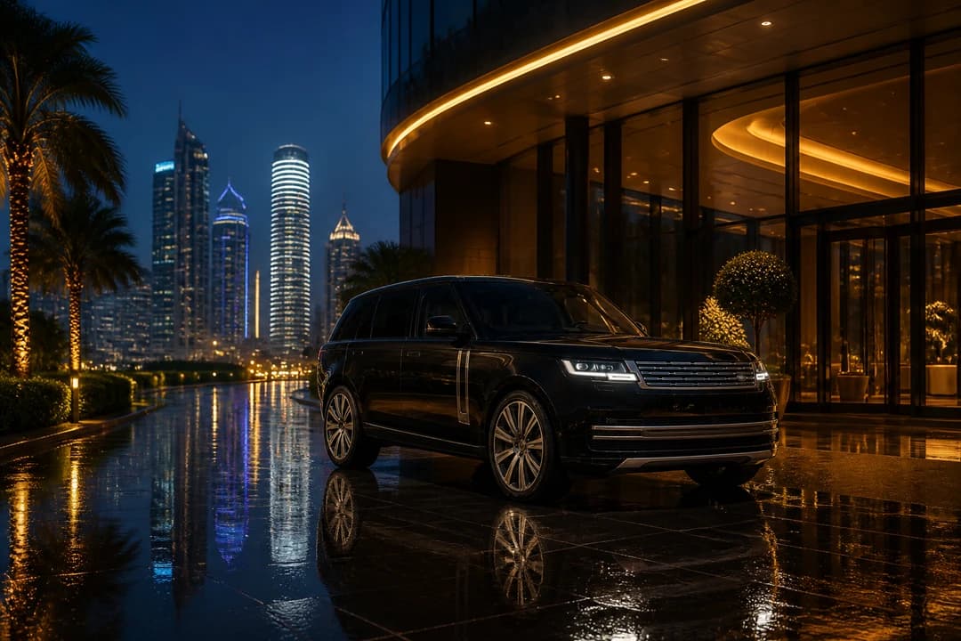 Range Rover Autobiography outside a Dubai Marina hotel at blue hour for luxury SUV rental Dubai evening plans