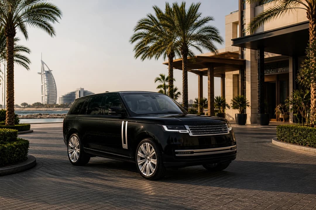Range Rover Autobiography at a Jumeirah Beach Road hotel driveway for rent Range Rover Autobiography Dubai hotel weeks