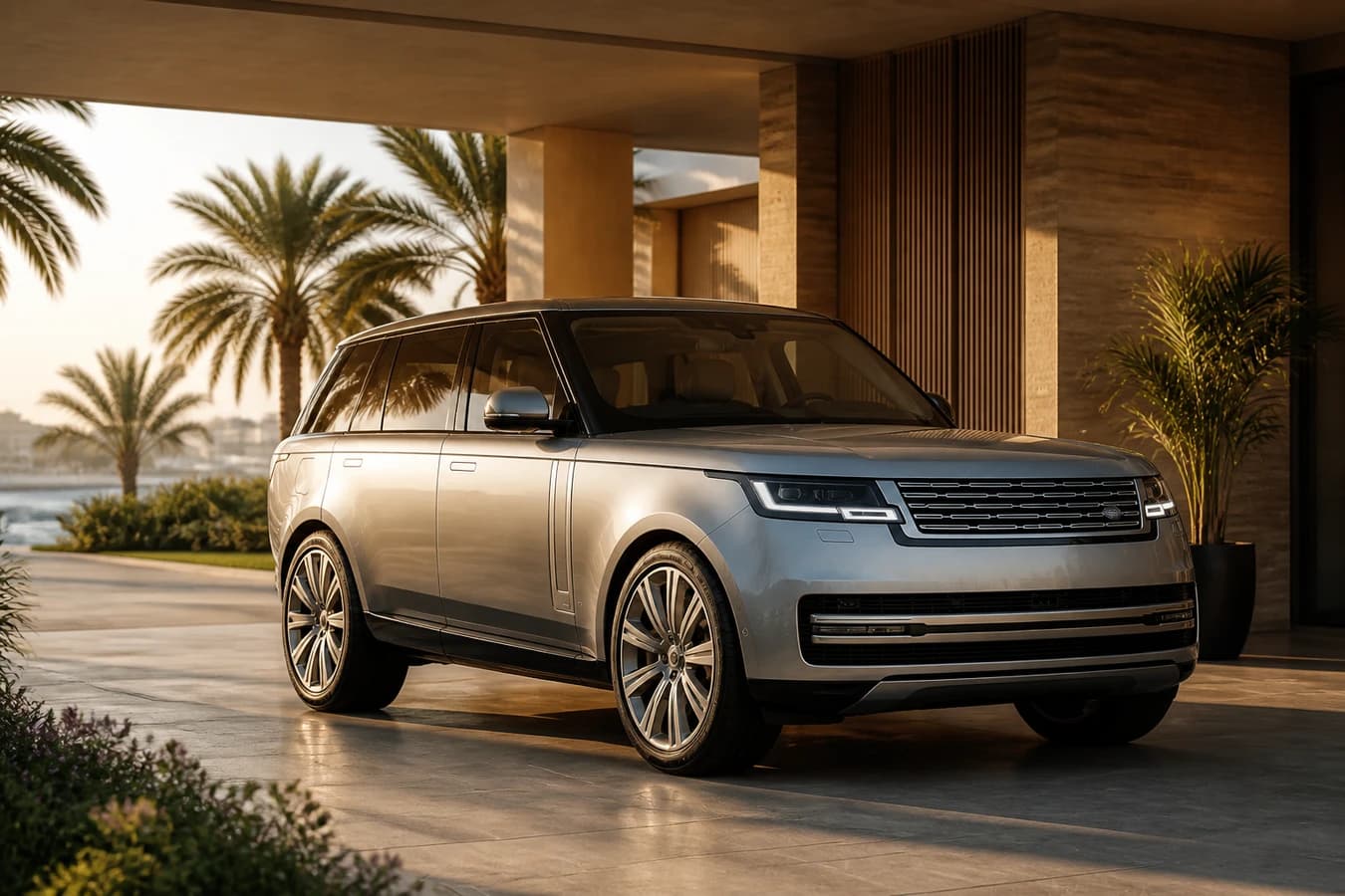 Range Rover Autobiography rental Dubai guide hero with silver full-size SUV at a Palm Jumeirah villa porte-cochere in morning light
