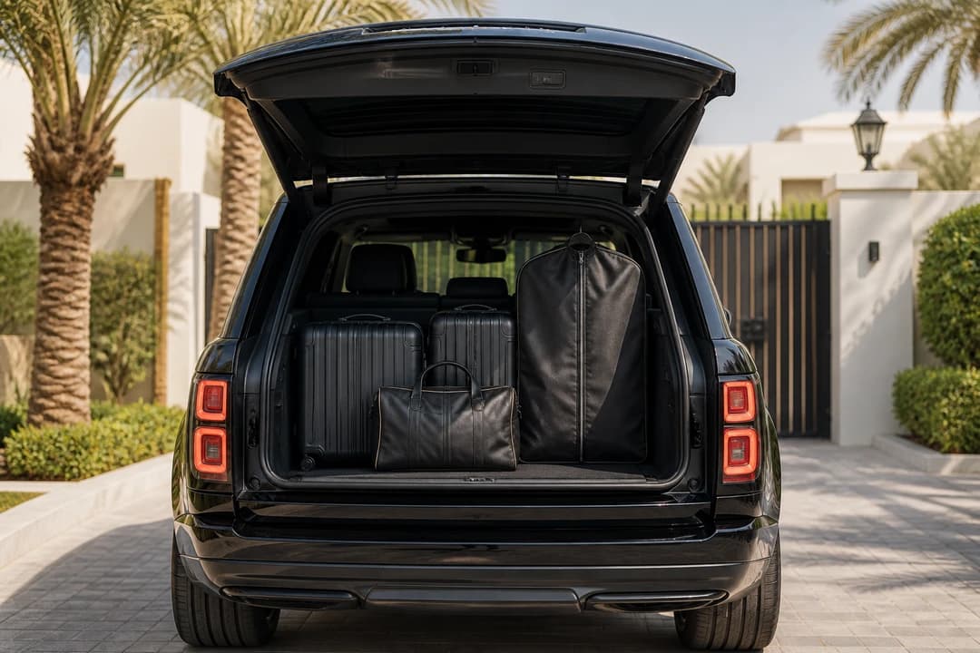 Range Rover Autobiography boot with soft roller cases at a Dubai villa gate for Range Rover Autobiography rental price Dubai packing