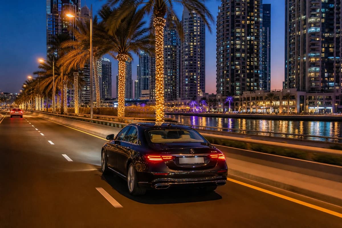Guest driving a luxury sedan along Dubai Marina at dusk on a self-drive rental