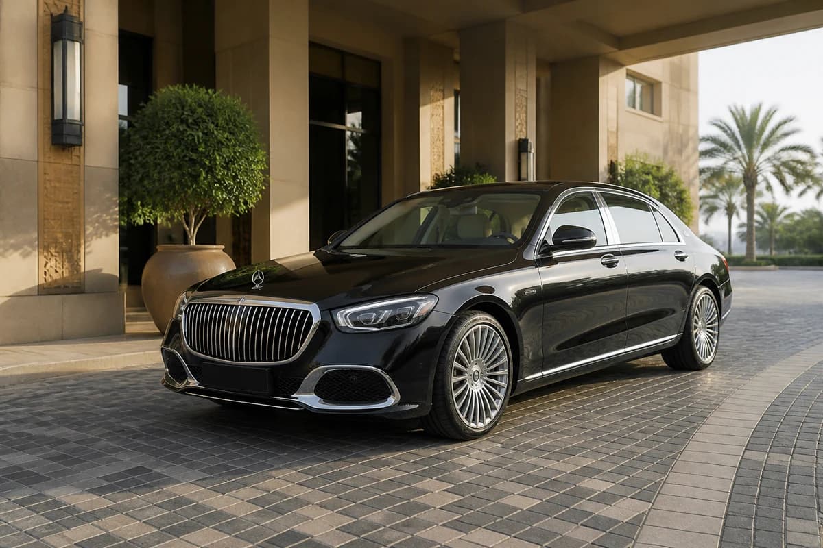Mercedes-Maybach at a Dubai hotel entrance for self-drive luxury car rental handover