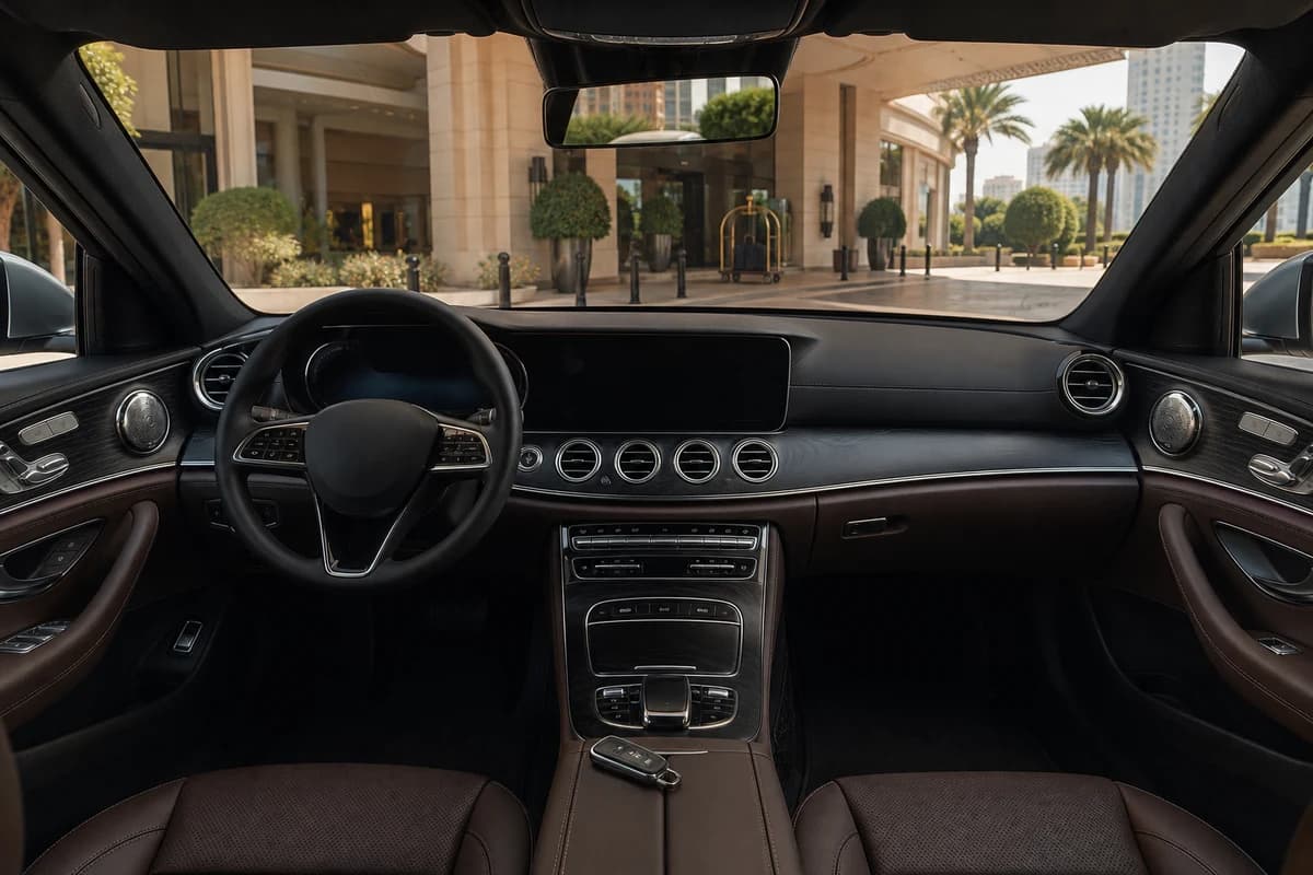 Empty luxury sedan cockpit with key fob on the console for self-drive rental Dubai