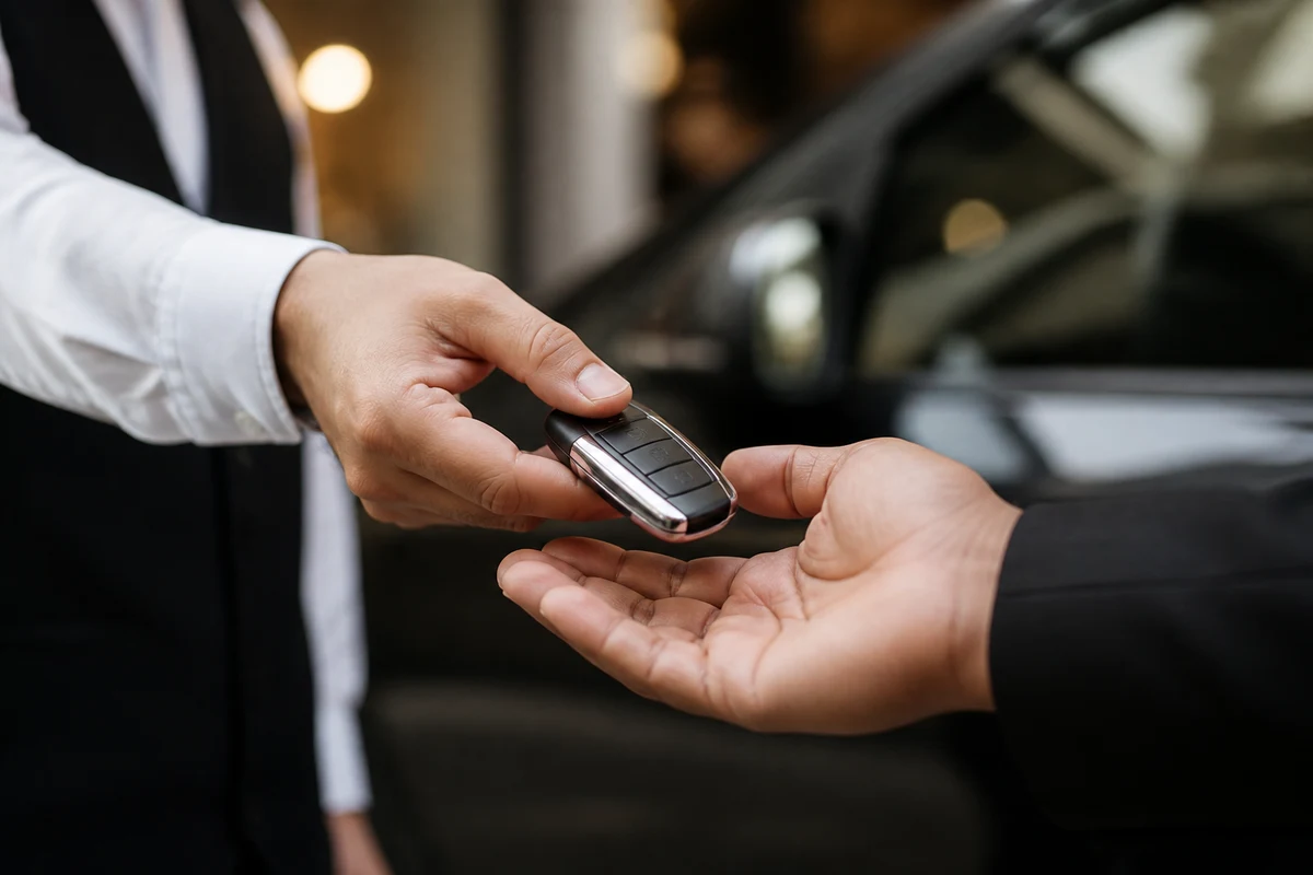 Luxury car key handover close-up at a Dubai hotel valet for self-drive rental