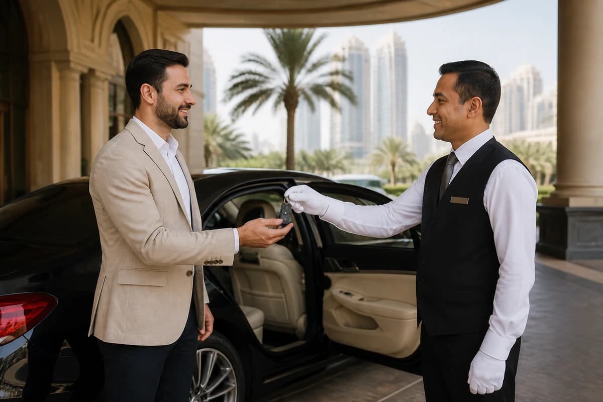 Hotel concierge handing car keys to a guest for self-drive luxury rental handover