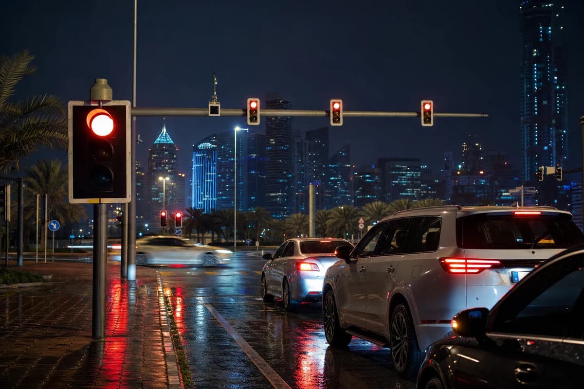 Rental car approaching monitored Dubai junction with active traffic signal cameras