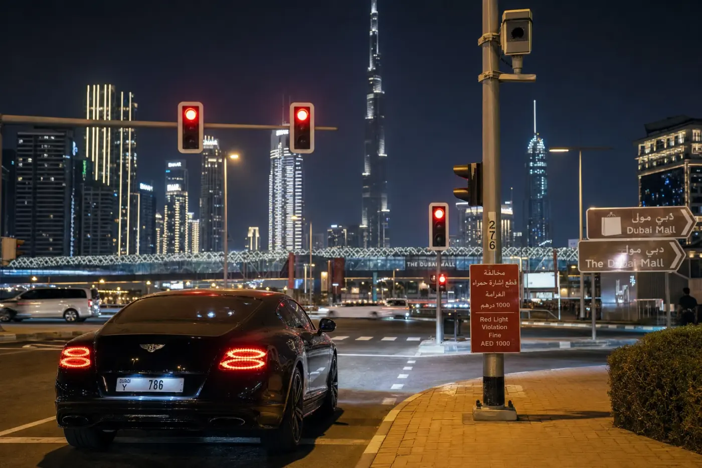 Dubai intersection enforcement scene showing signal compliance for rental drivers