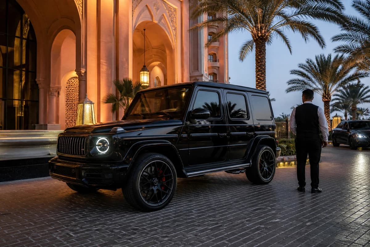 Mercedes-AMG G63 at a Palm Jumeirah hotel valet in the evening for performance SUV hire