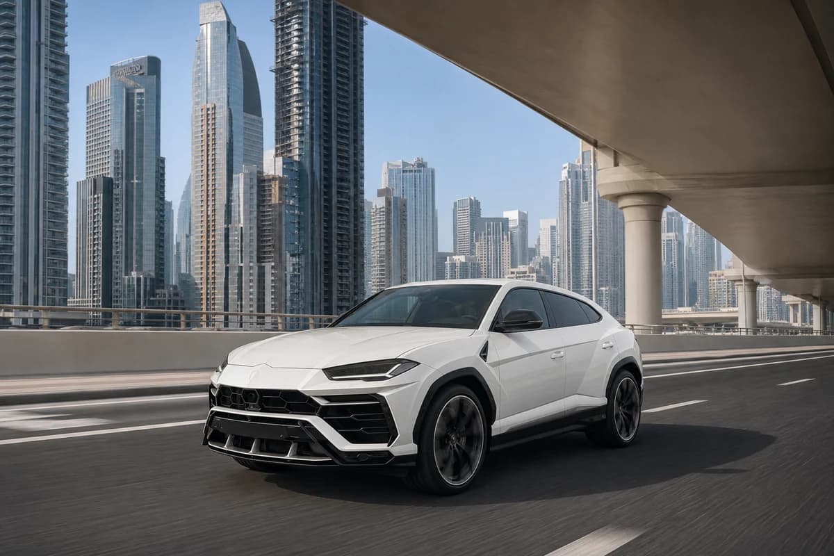 Lamborghini Urus on Sheikh Zayed Road for performance SUV rental Dubai