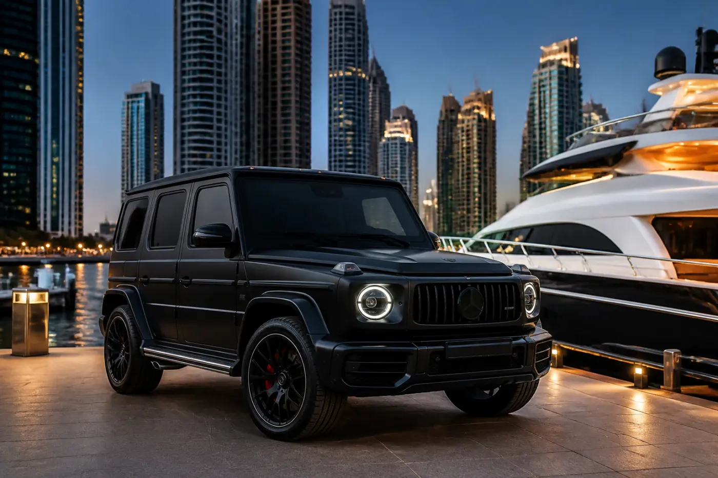 Mercedes-AMG G63 at Dubai Marina podium as a Trackhawk-style performance SUV rental alternative
