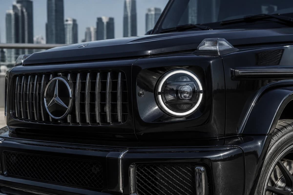 Mercedes-AMG G63 grille detail for performance SUV rental Dubai alternatives
