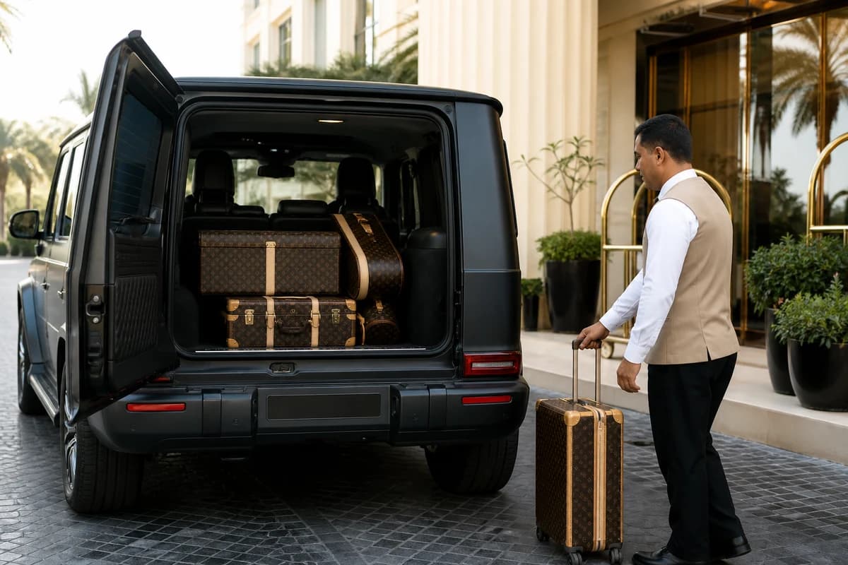 Mercedes-AMG G63 boot with luggage at a Dubai hotel for practical SUV rental packing