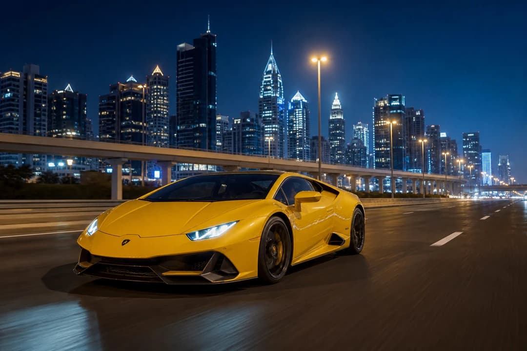 Supercar rental Dubai in July haze on Sheikh Zayed Road with a closed coupe after sunset