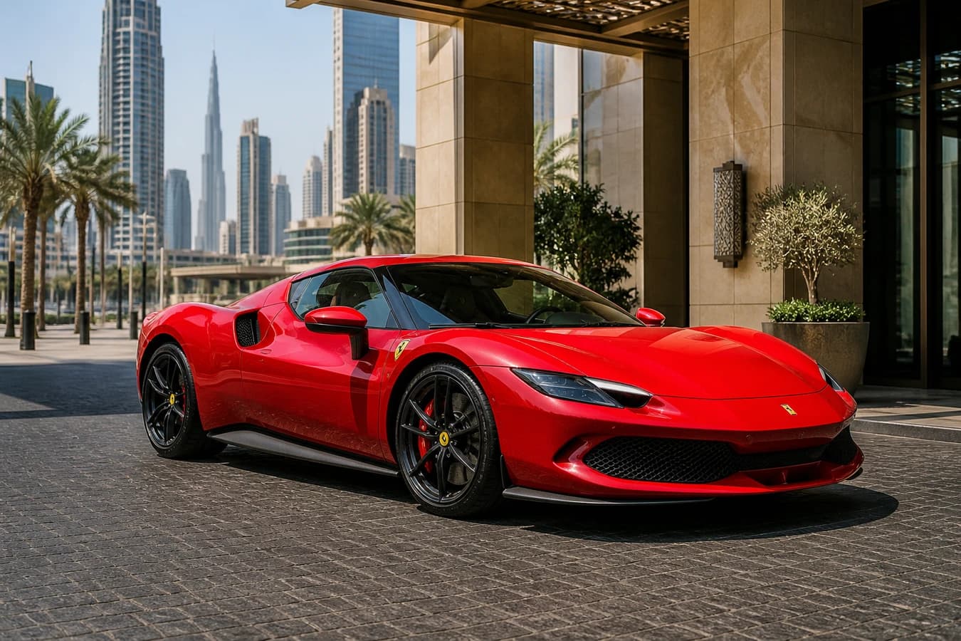 Rent supercar Dubai July hero with a closed Ferrari coupe at a Downtown hotel in bright summer light