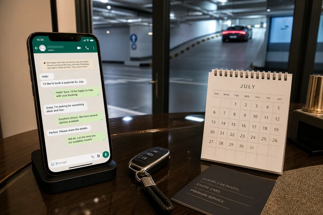 Dubai car hire July planning: WhatsApp dates beside a hotel basement ramp for summer supercar handover