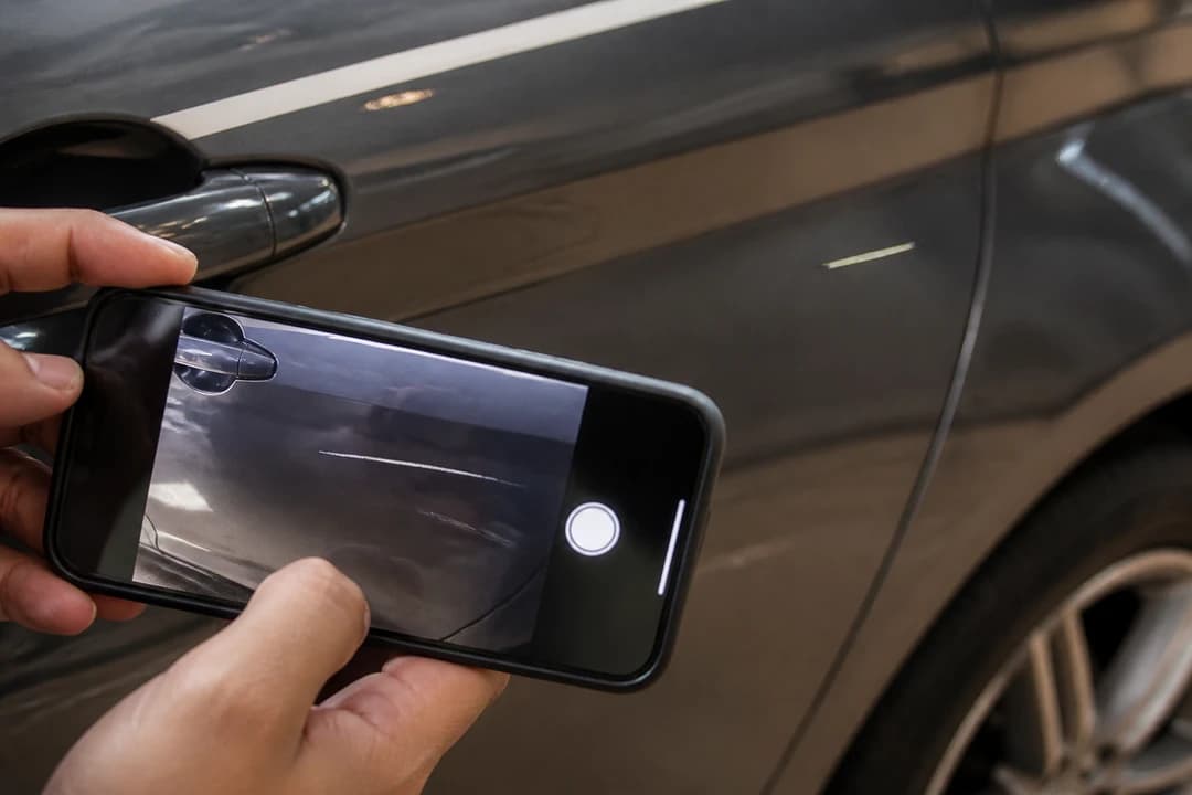 Photographing Dubai car rental damage on a luxury door panel for the hire record