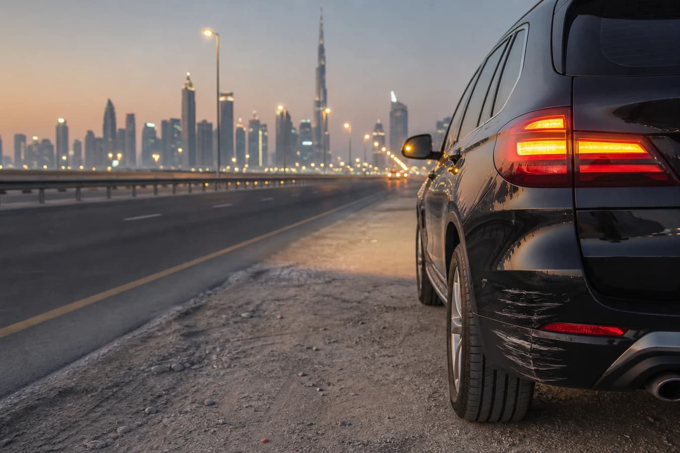 Rental car accident Dubai what to do: luxury SUV stopped safely roadside after a minor scrape