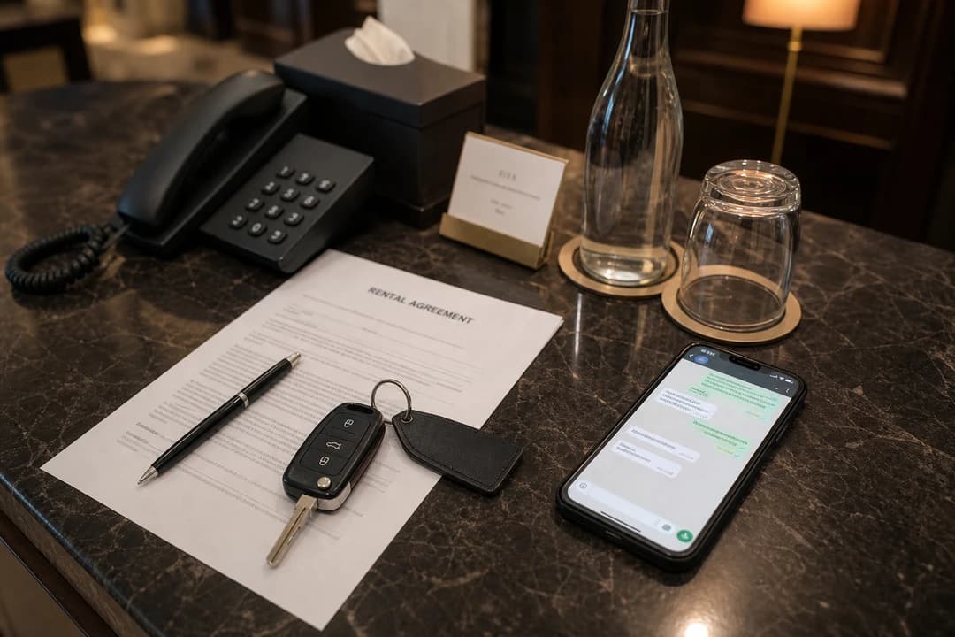 Rental agreement and phone ready to report rental car insurance Dubai steps after an incident
