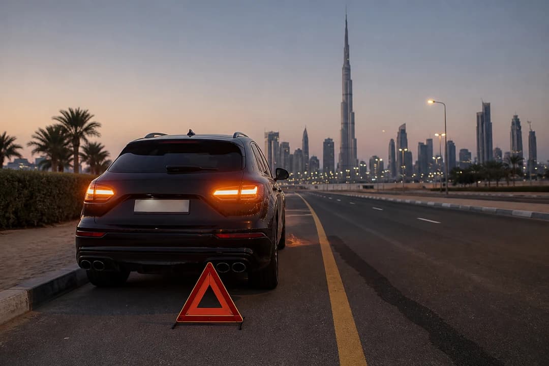 Luxury rental SUV stopped in a Dubai lay-by with hazard lights for rental car breakdown Dubai safety steps