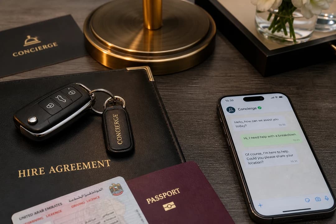 Hire agreement keys and WhatsApp phone for rental car insurance Dubai contacts after a breakdown