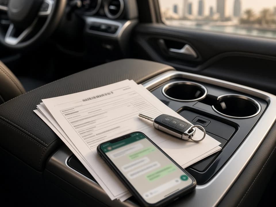Dubai rental car documents and WhatsApp quote confirming cleaning and smoking rules before booking