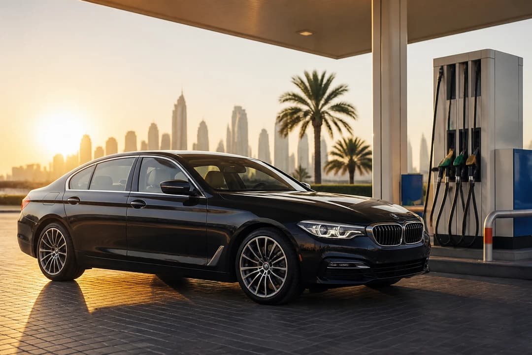 Luxury hire car at a Dubai petrol forecourt for rental car Dubai full-to-full return top-up