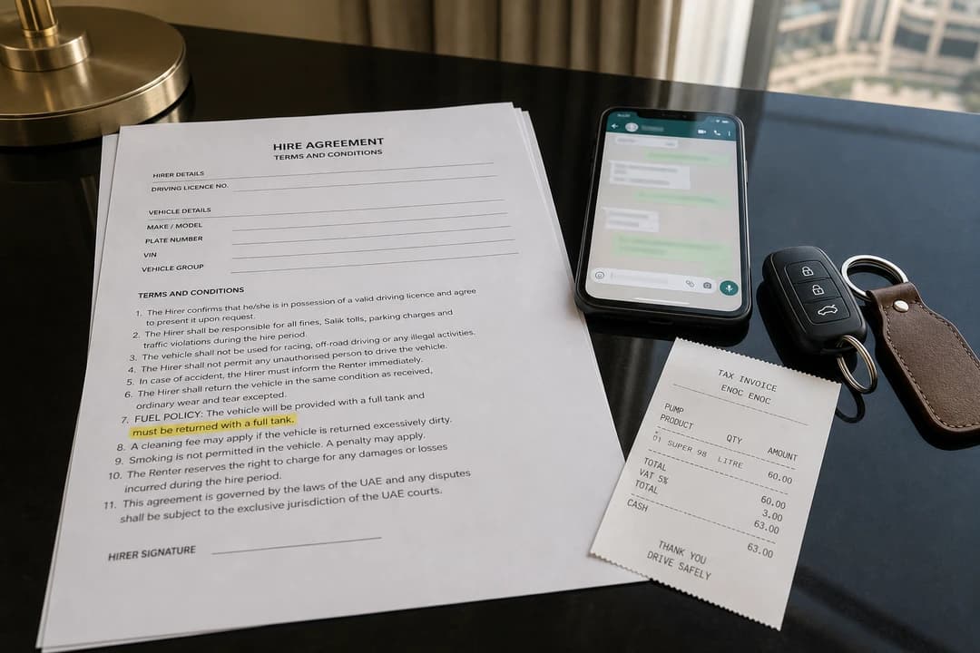 Hire agreement fuel return line highlighted beside gauge photo and WhatsApp for luxury car hire Dubai