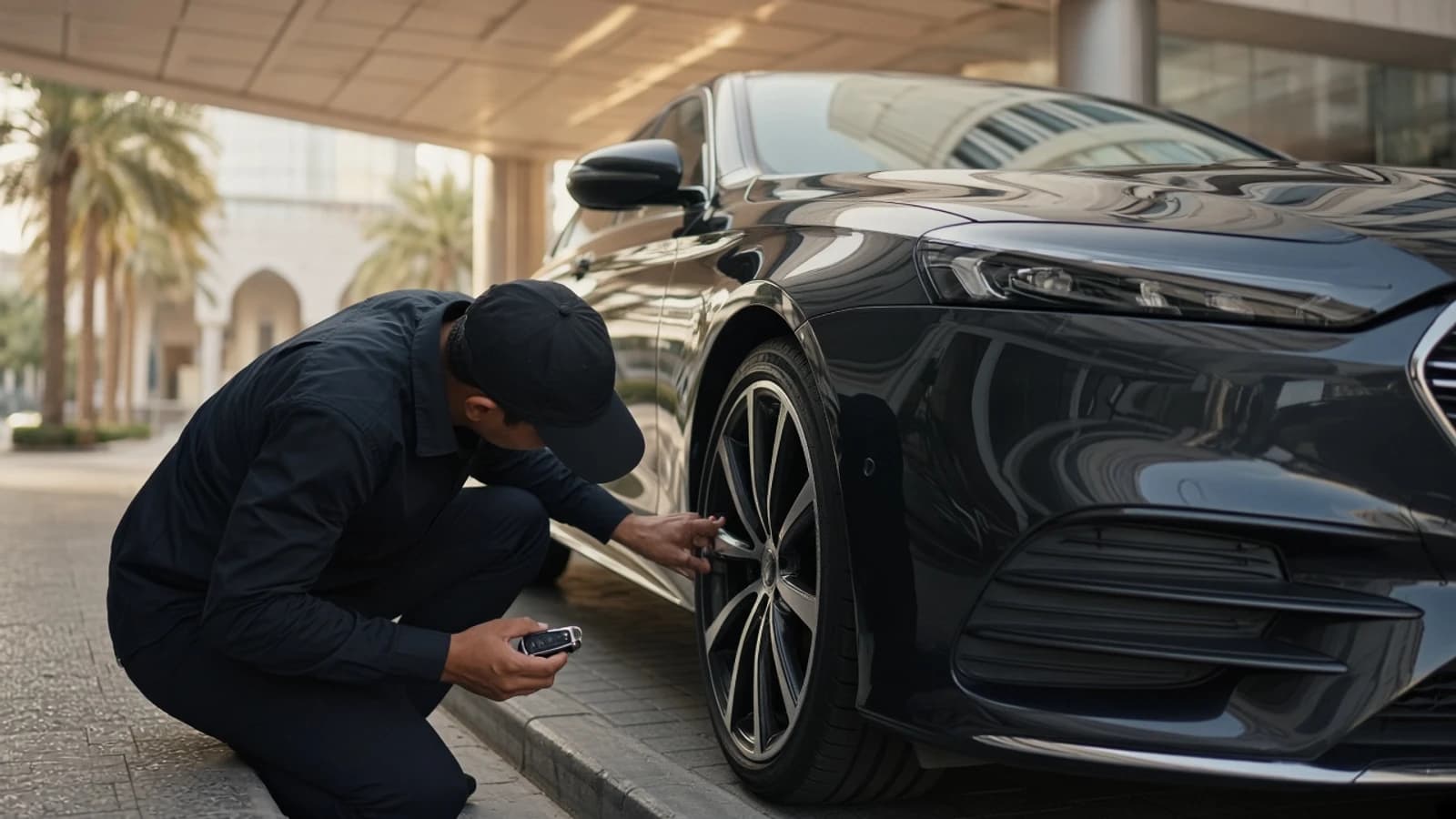 Rental car inspection checklist Dubai hero with a walk-around of a luxury sedan bumper at a hotel porte-cochère