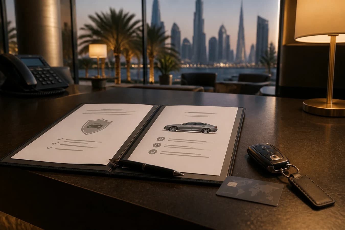 Rental car insurance excess Dubai: hire agreement and keys on a hotel desk before luxury handover