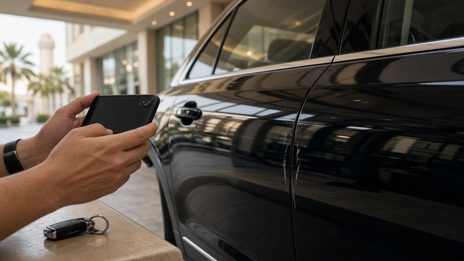 Rental car photos before handover Dubai: phone photographing a luxury SUV door edge mark at a hotel porte-cochère