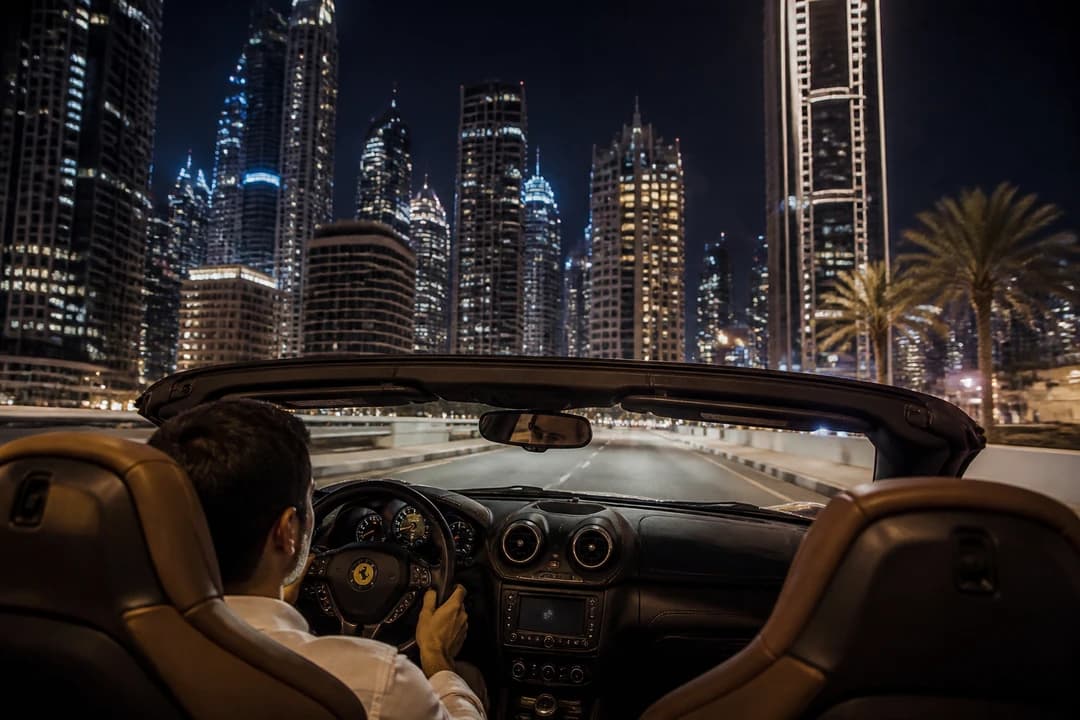 Supercar rental Dubai open-top evening near Marina lights as a short theatre hire instead of ownership