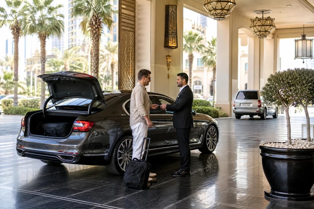 Luxury car hire Dubai sedan at a hotel porte-cochère for a short tourist rental week