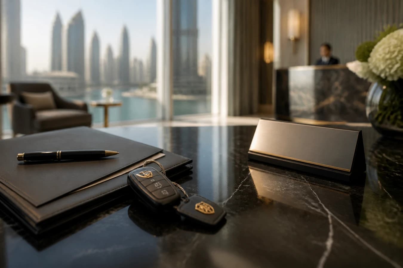 Renting vs buying luxury car Dubai: key fob and hire folder on a hotel desk for a financial comparison