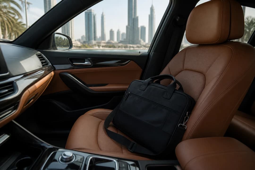 Best luxury car Dubai cabin set for a long resident-style month with a soft laptop bag