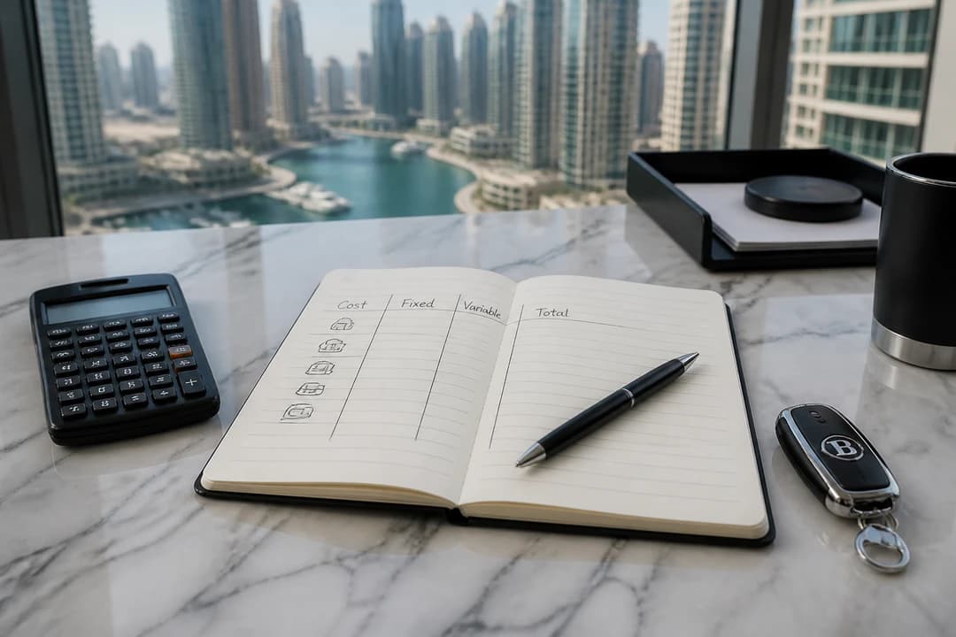 Luxury car comparison Dubai: notebook cost columns and calculator beside a key fob for rent versus buy planning