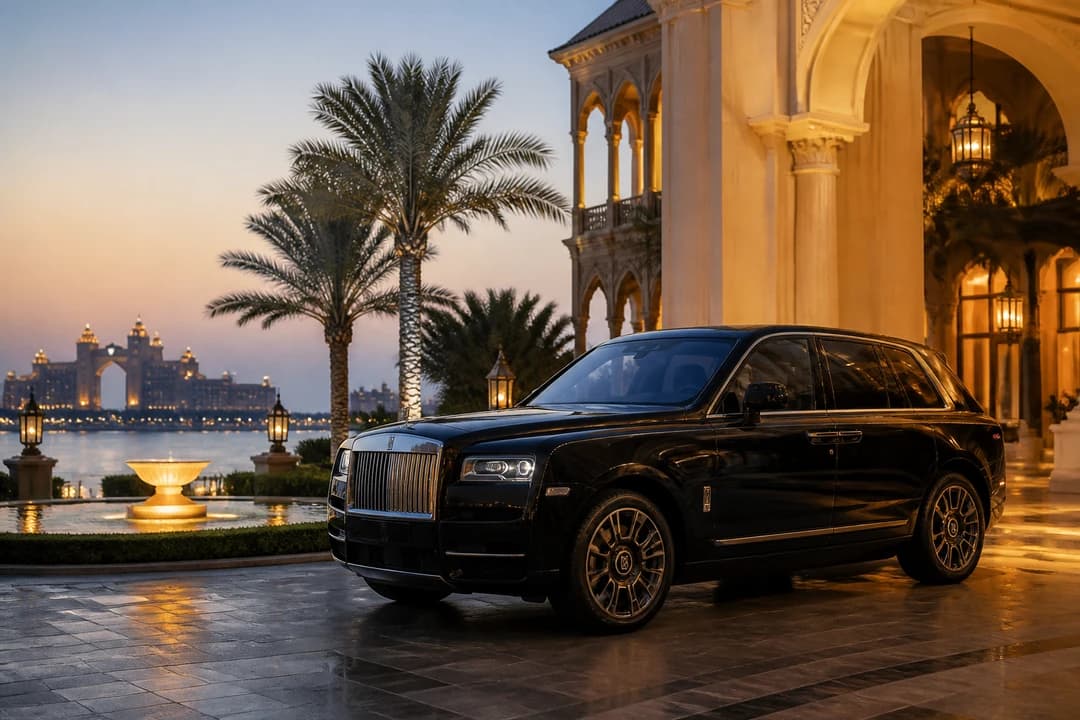 Rolls-Royce Cullinan at a Palm resort forecourt for exotic car rental Dubai VIP arrivals