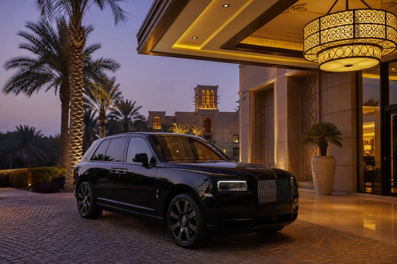 Rolls Royce Cullinan rental Dubai hero at a five-star hotel porte-cochère at dusk