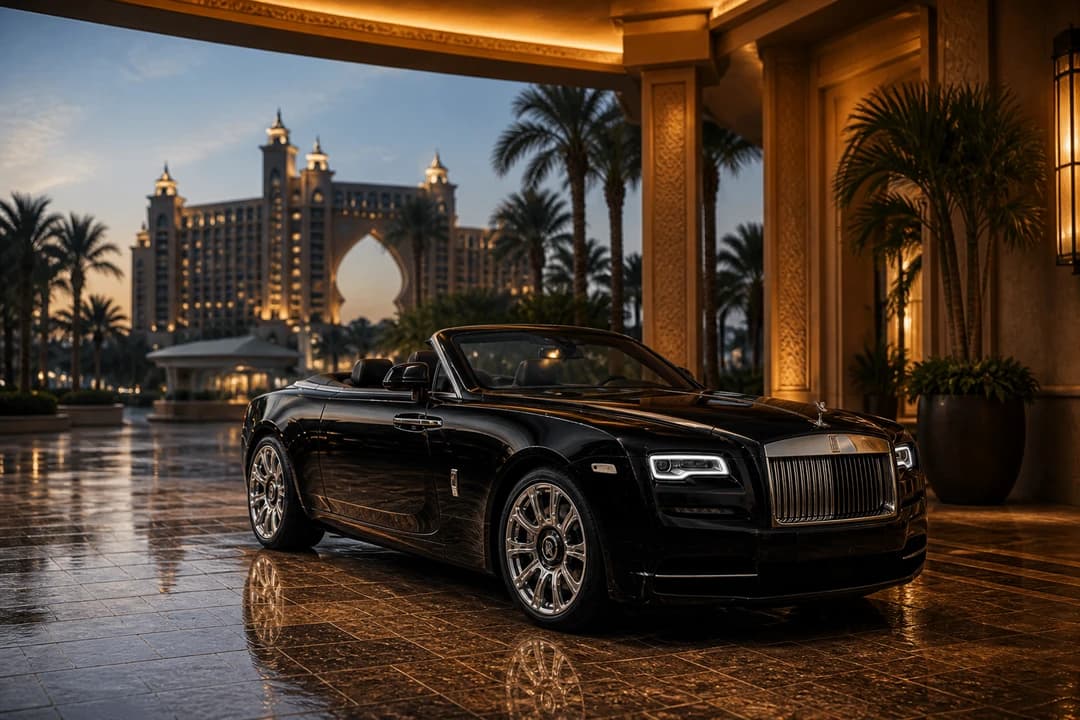 Rolls-Royce Dawn at a Palm Jumeirah resort porte-cochere at dusk for exotic car rental Dubai arrivals