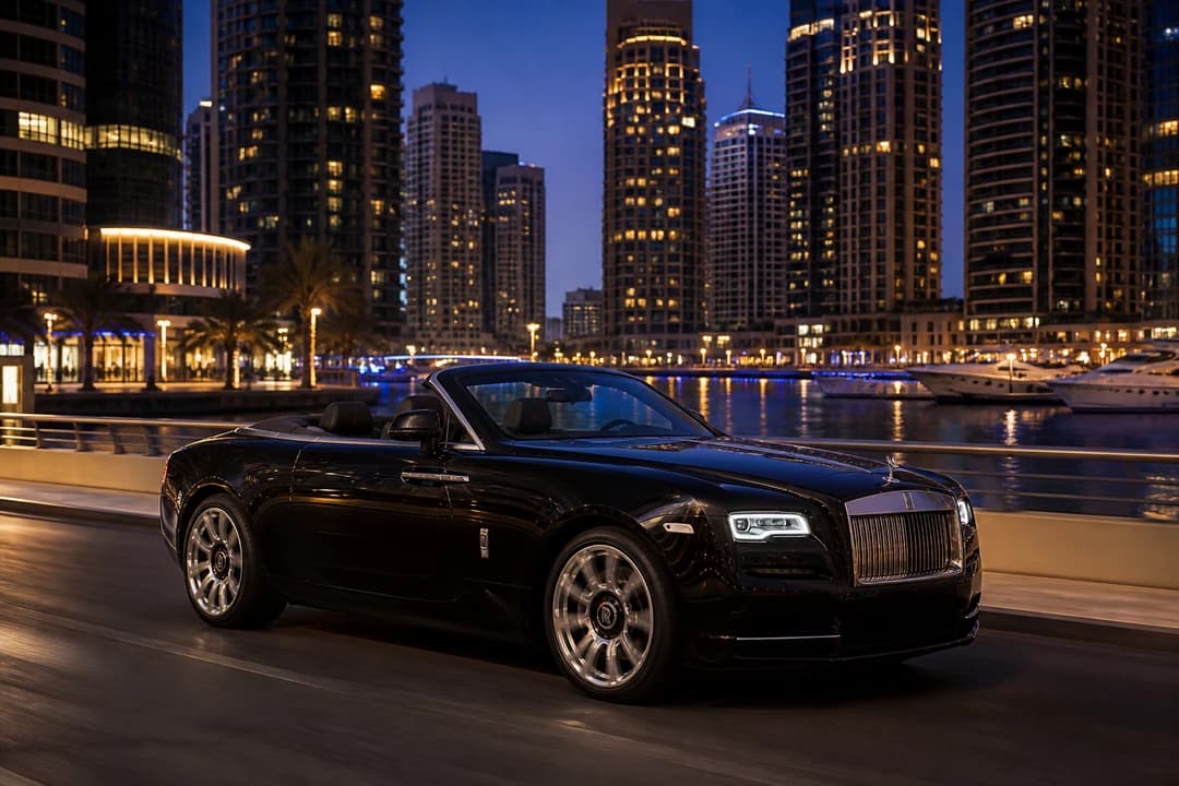 Rolls-Royce Dawn convertible exterior on a Dubai Marina waterfront road for rent Rolls Royce Dawn Dubai plans