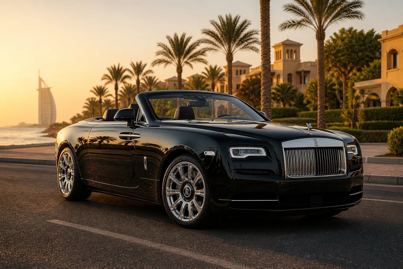 Rolls Royce Dawn rental Dubai hero with open-top Dawn on Jumeirah Beach Road at golden hour